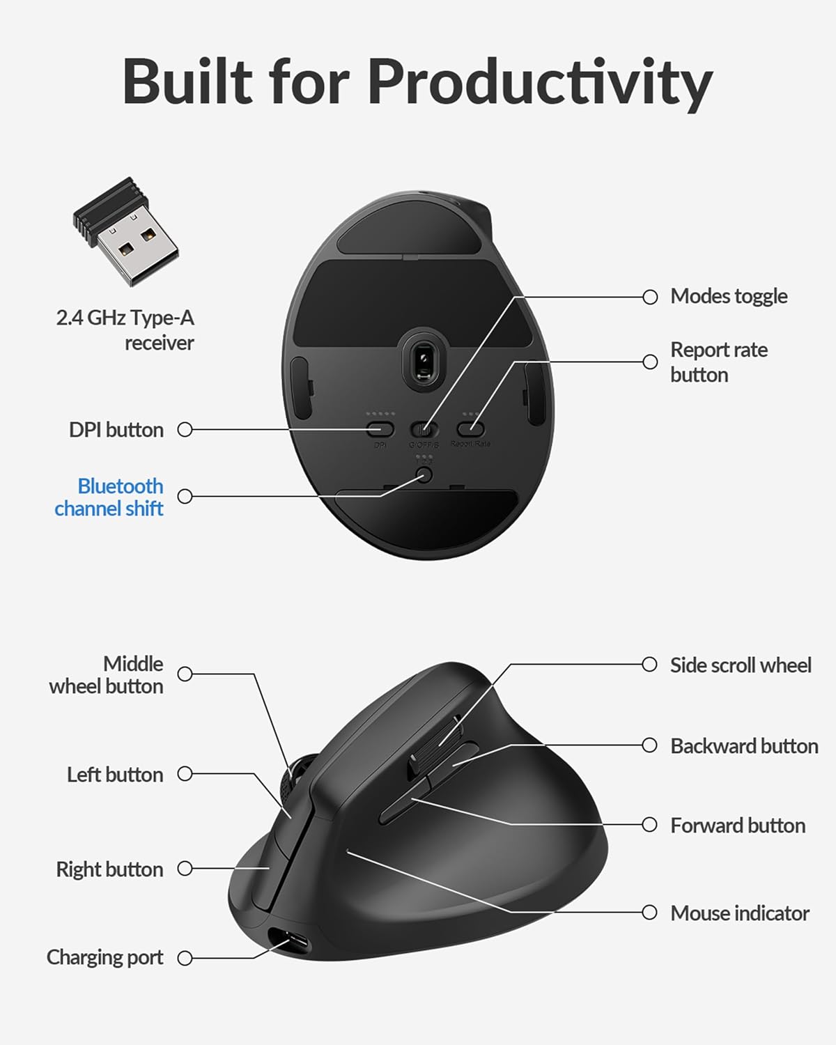 Keychron M5 8K Ratón Ergonómico Vertical Inalámbrico, 2.4 GHz\/Blue...