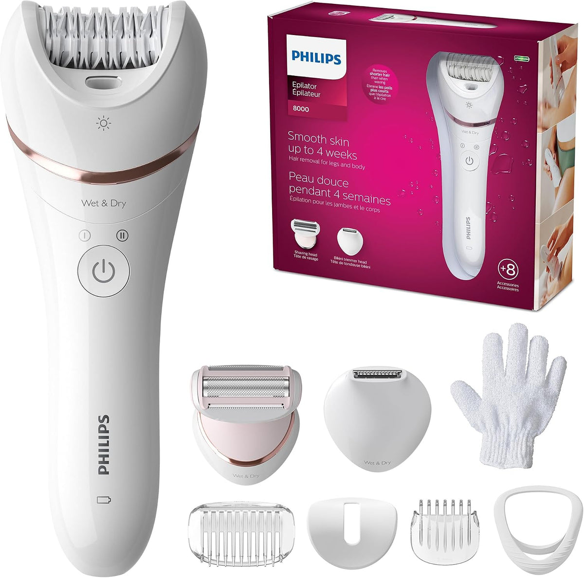 Philips Depiladora Serie 8000, Húmedo y Seco, 3 en 1 con Accesorios...