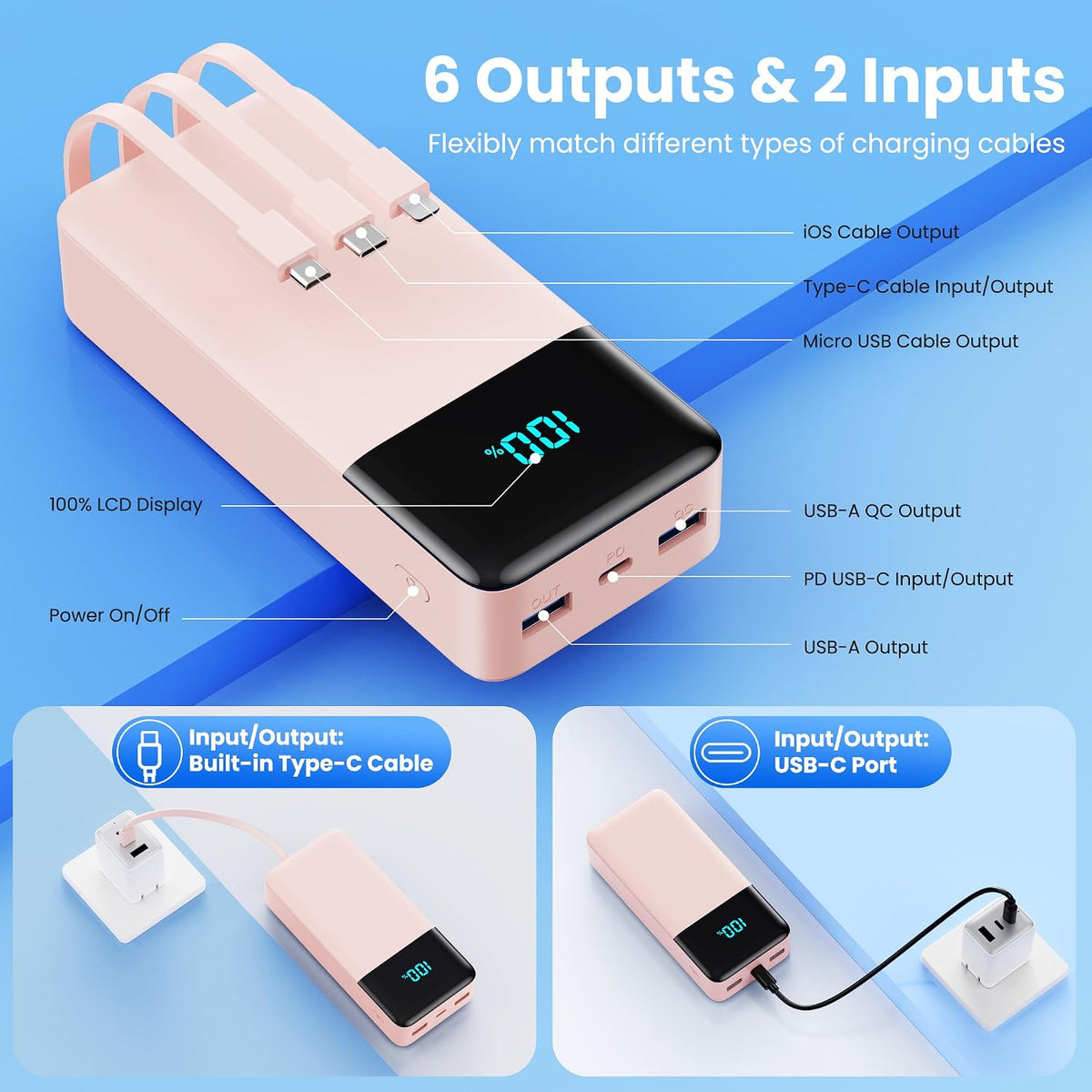 Cargador portátil de 50800 mAh con 3 cables integrados, 25 W PD QC4...