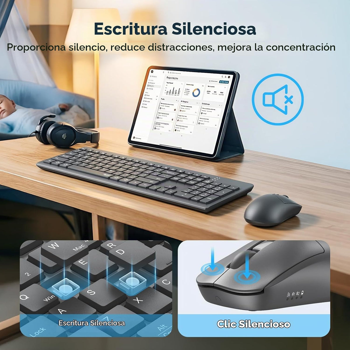 Teclado y mouse inalámbricos, juego silencioso de tamaño completo d...