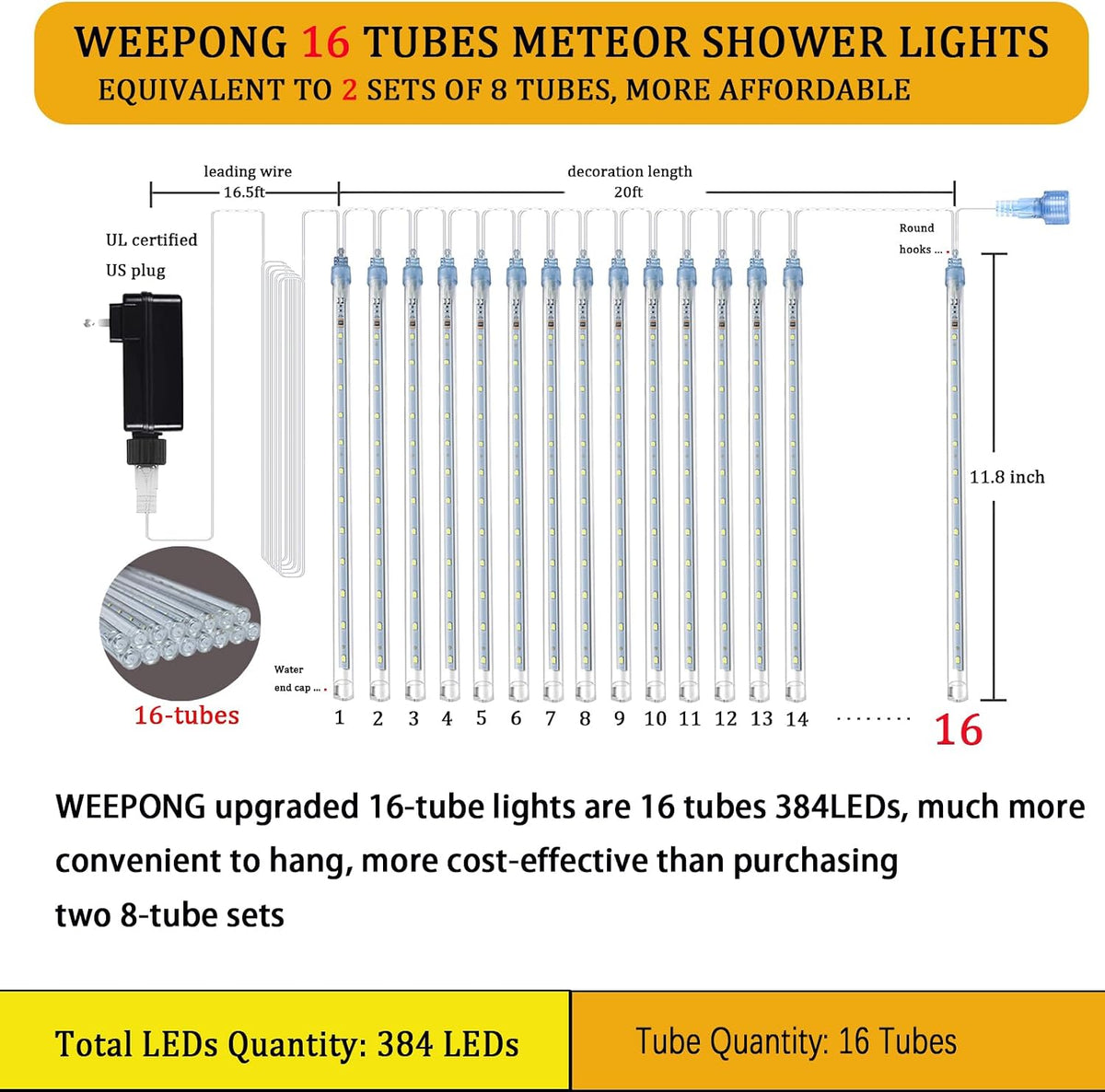 Weepong Luces de Navidad al aire libre 16 tubos 384 LED luces de ll...