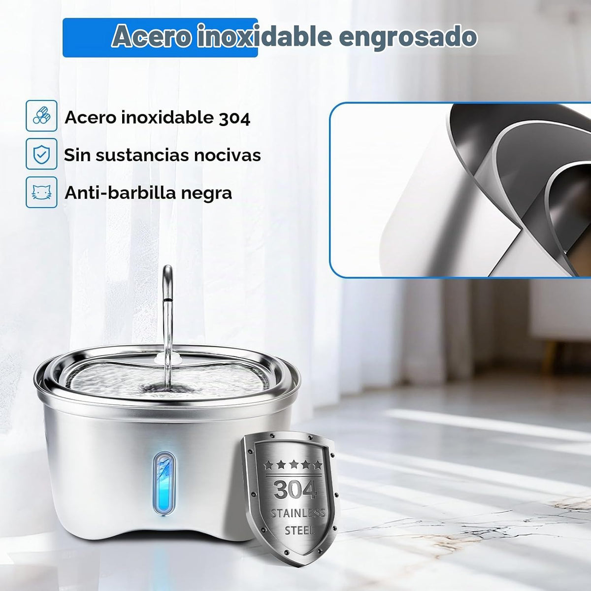 Kiwilove Fuente de agua para gatos de acero inoxidable, fuentes de...