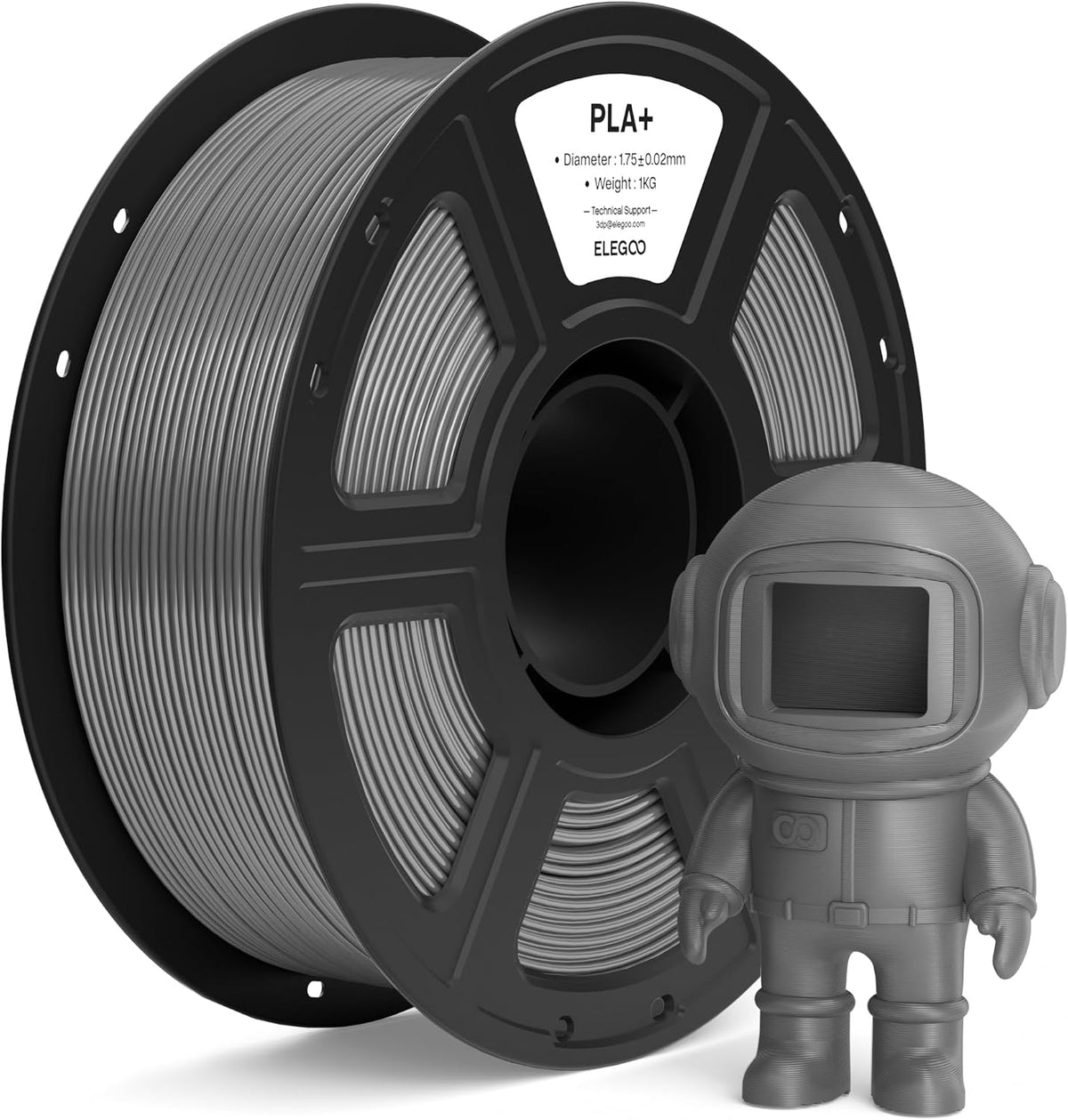 ELEGOO Filamento para impresora 3D PLA+ de 0.07 in, gris espacial,...