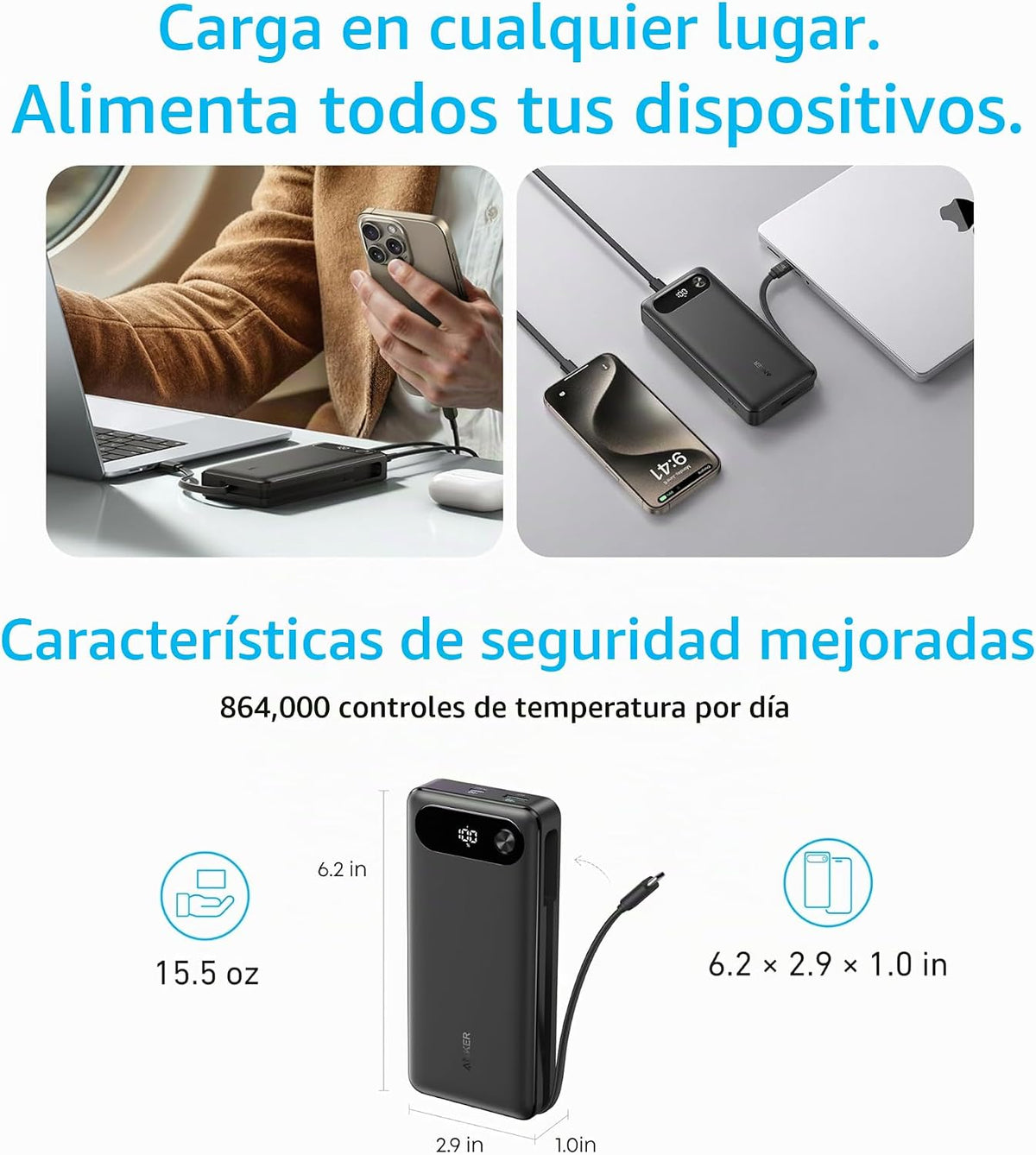 Anker Power Bank, 20.000 mAh Travel Essential, cable USB-C incorpor...