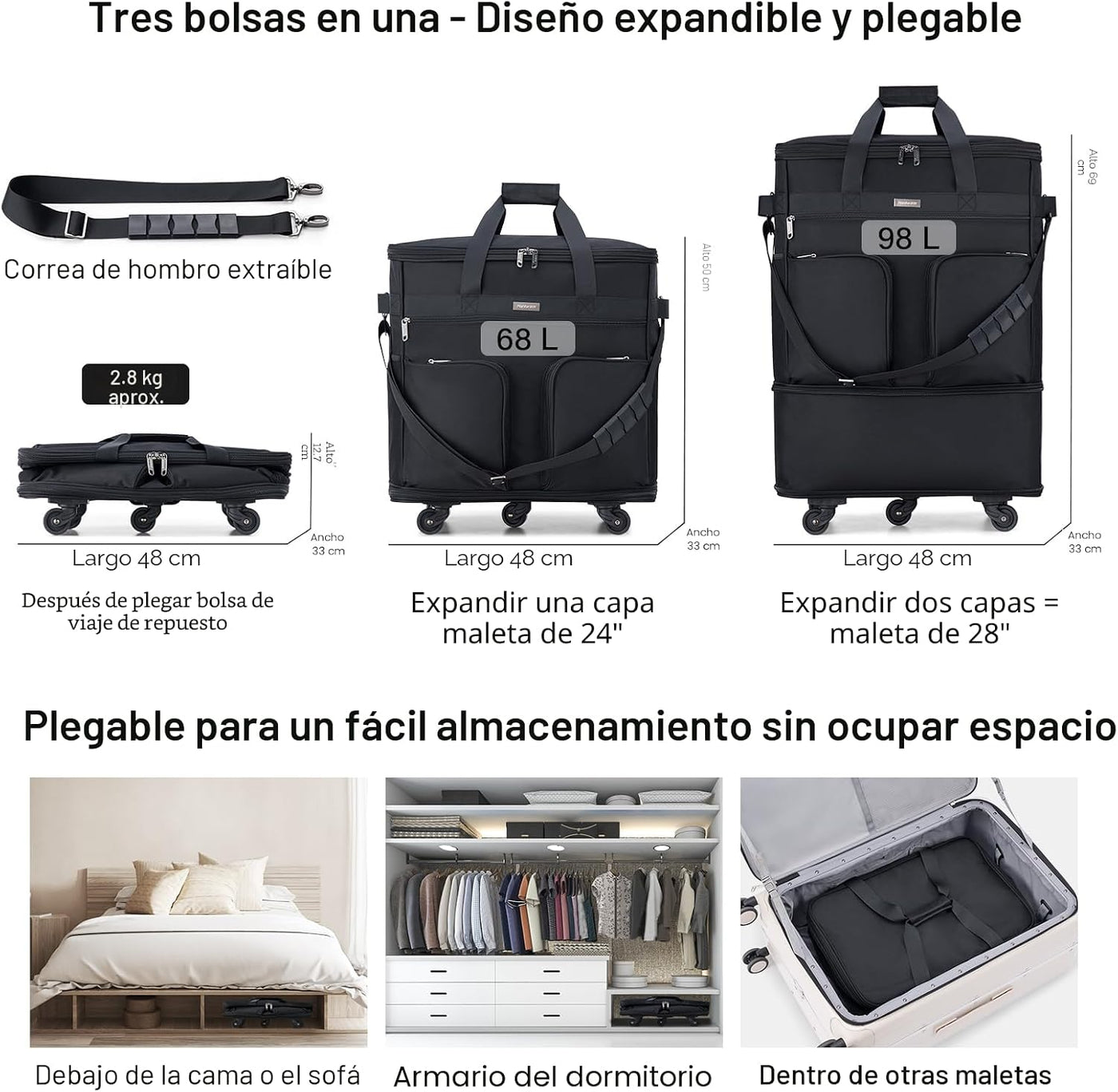 Maletas Hanke con ruedas, bolsa de viaje expandible y plegable, mal...