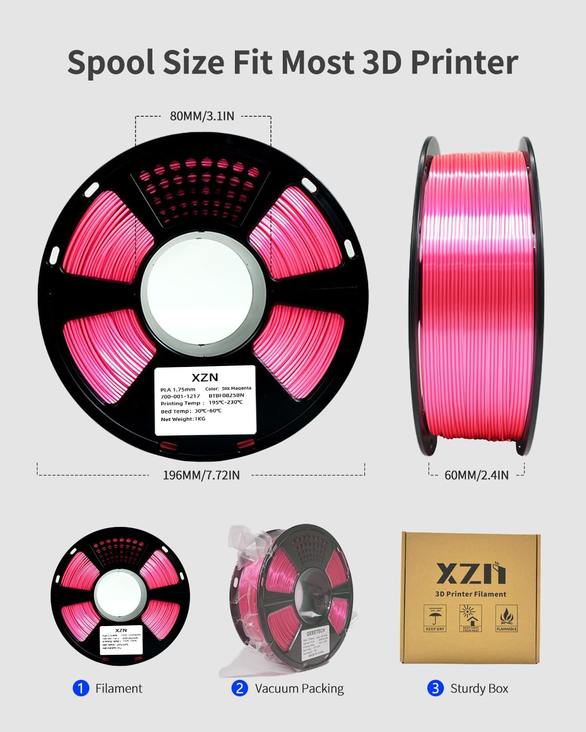 XZN Filamento PLA de seda de 0.07 in magenta, filamento de impresor...