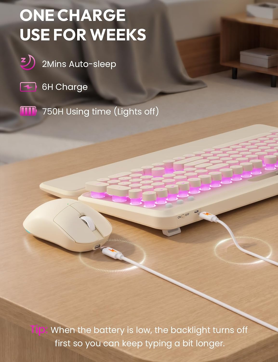 Teclado y mouse inalámbricos, máquina de escribir retroiluminada co...