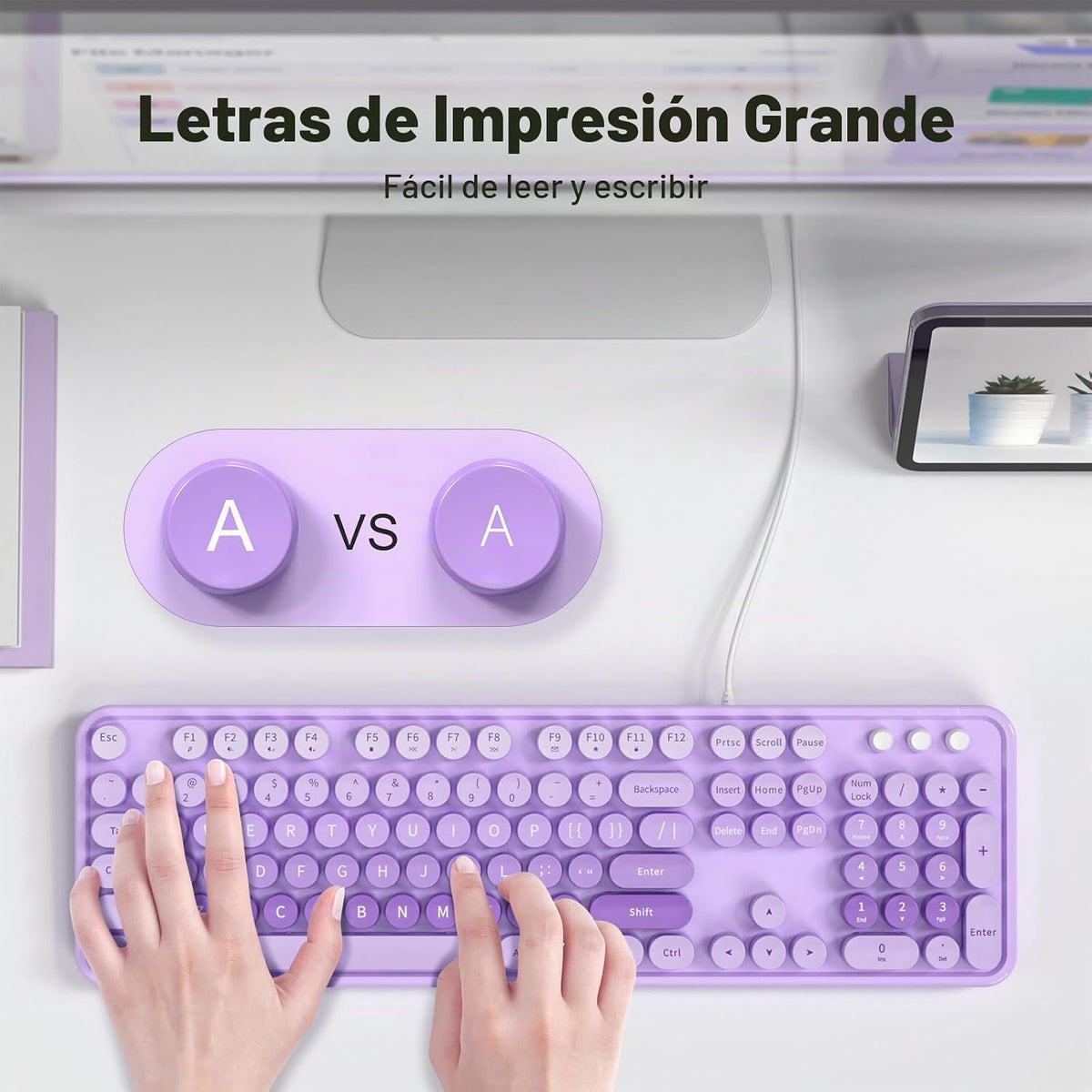 MOWUX Teclado de computadora con cable, teclado USB redondo retro P...