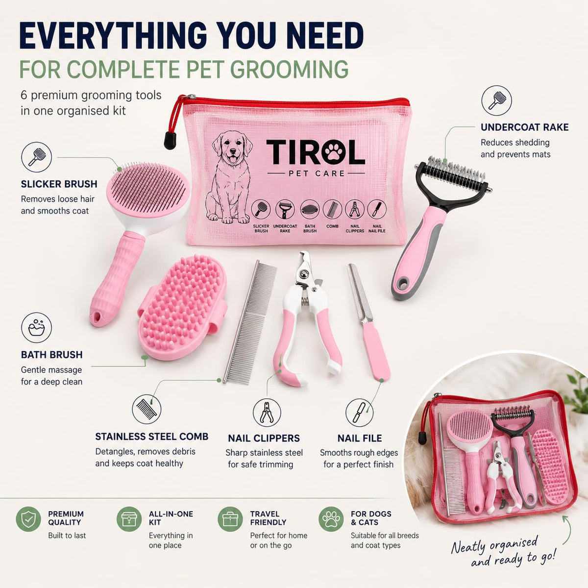 TIROL Pet Care - Kit de aseo 6 en 1 para perros y gatos, rastrillo...