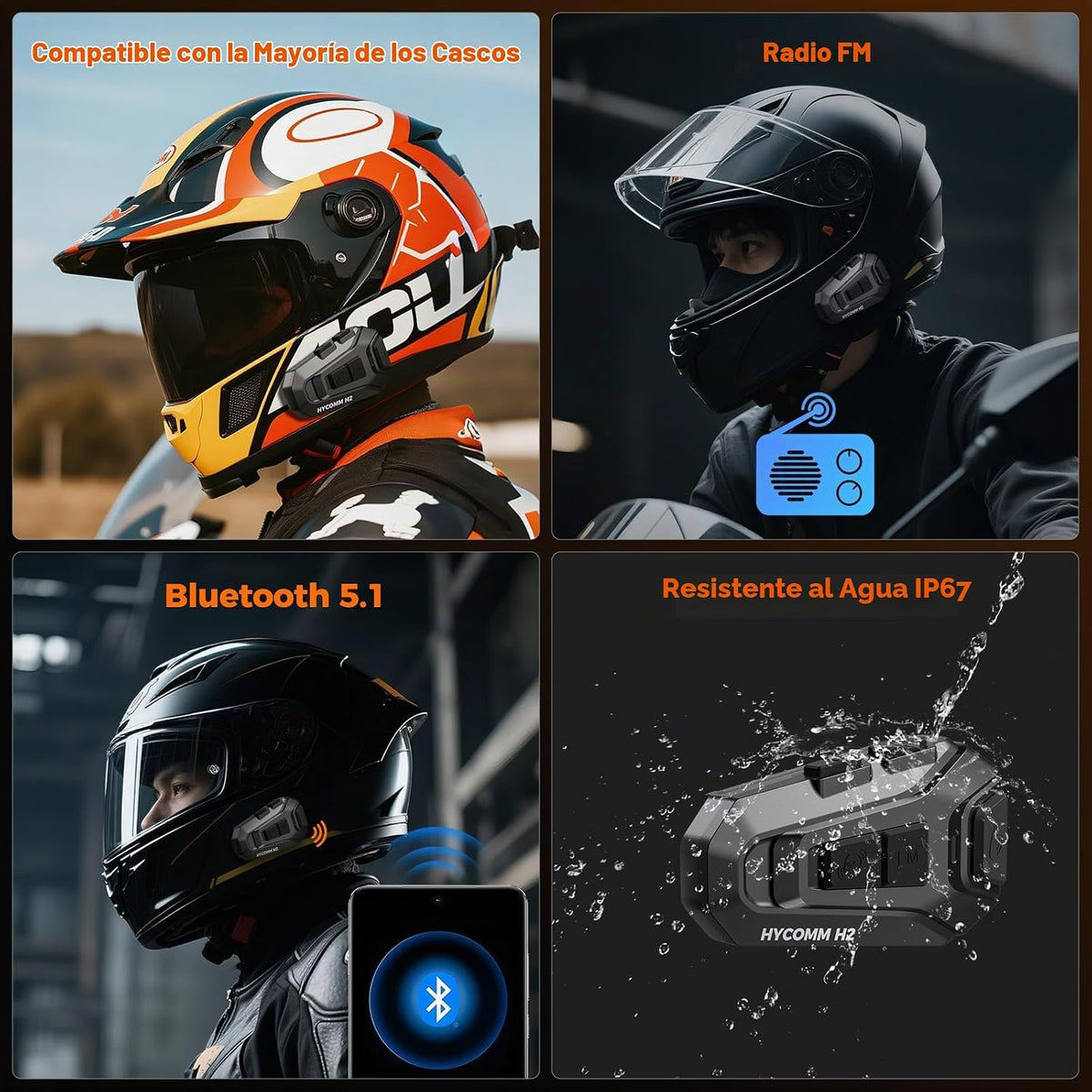 HYCOMM H2 Auriculares Bluetooth para motocicleta, intercomunicador...