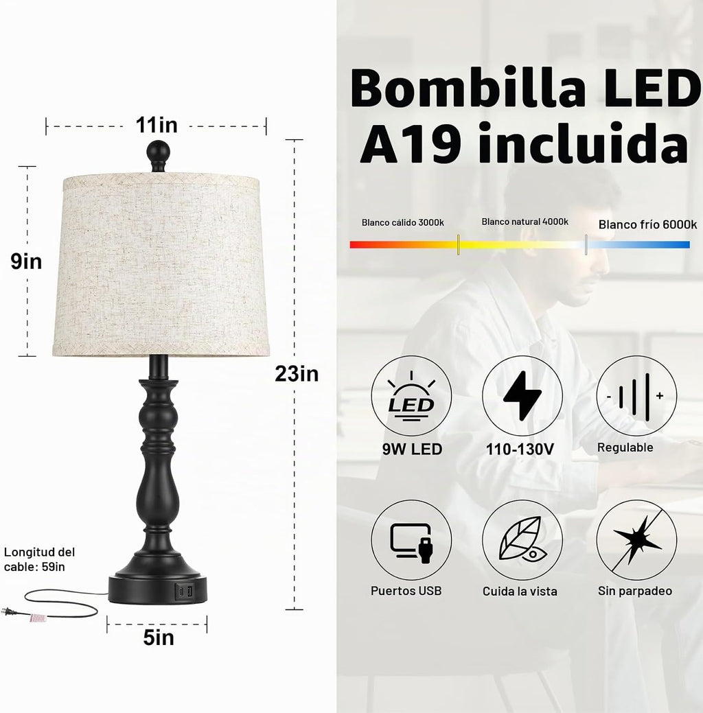 Leasgy Juego de 2 lámparas de mesa negras, lámparas negras para dor...