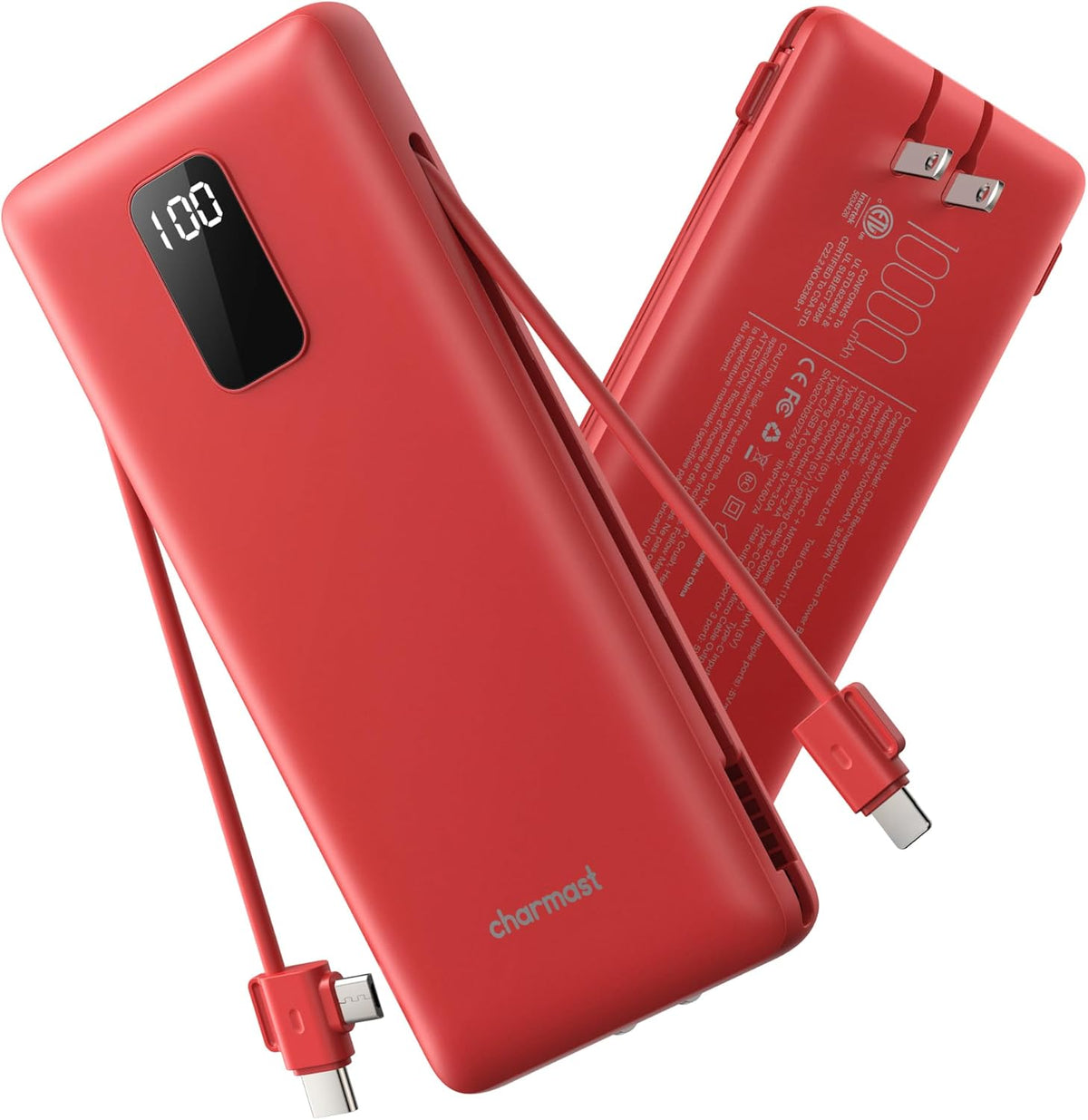 charmast Cargador portátil de 10000 mAh con cables incorporados y e...