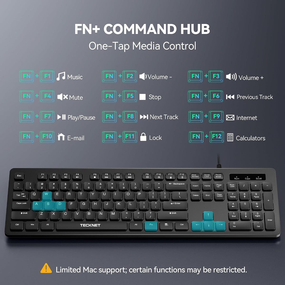 TECKNET Teclado con cable, escritura silenciosa, diseño de tamaño c...