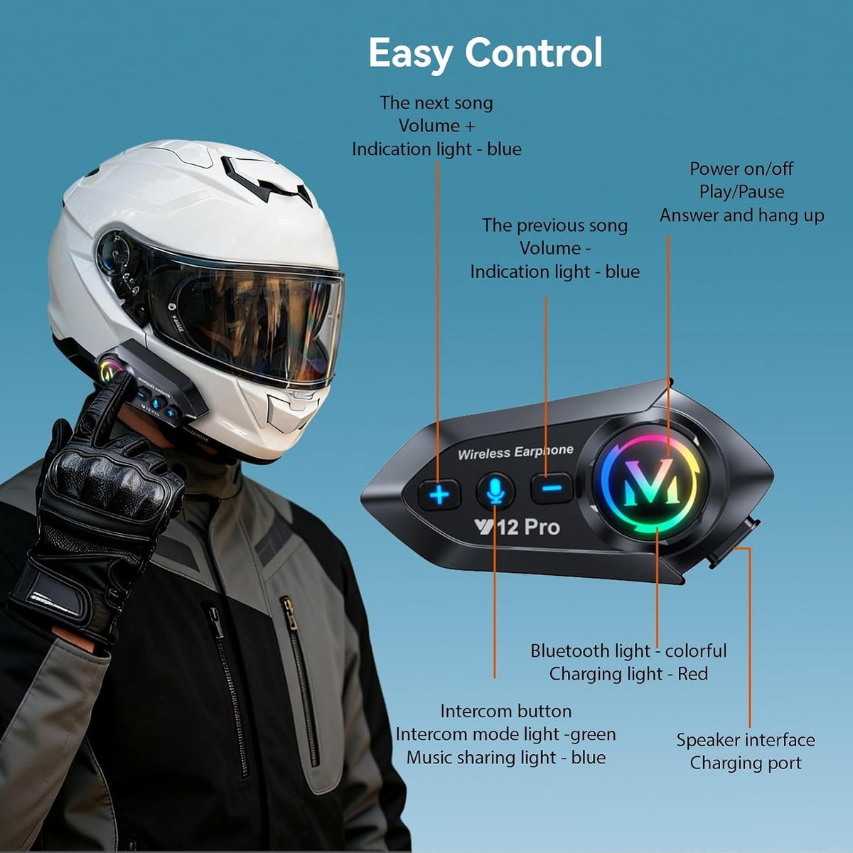 CNBRO Casco de intercomunicación para motocicleta, auriculares Blue...