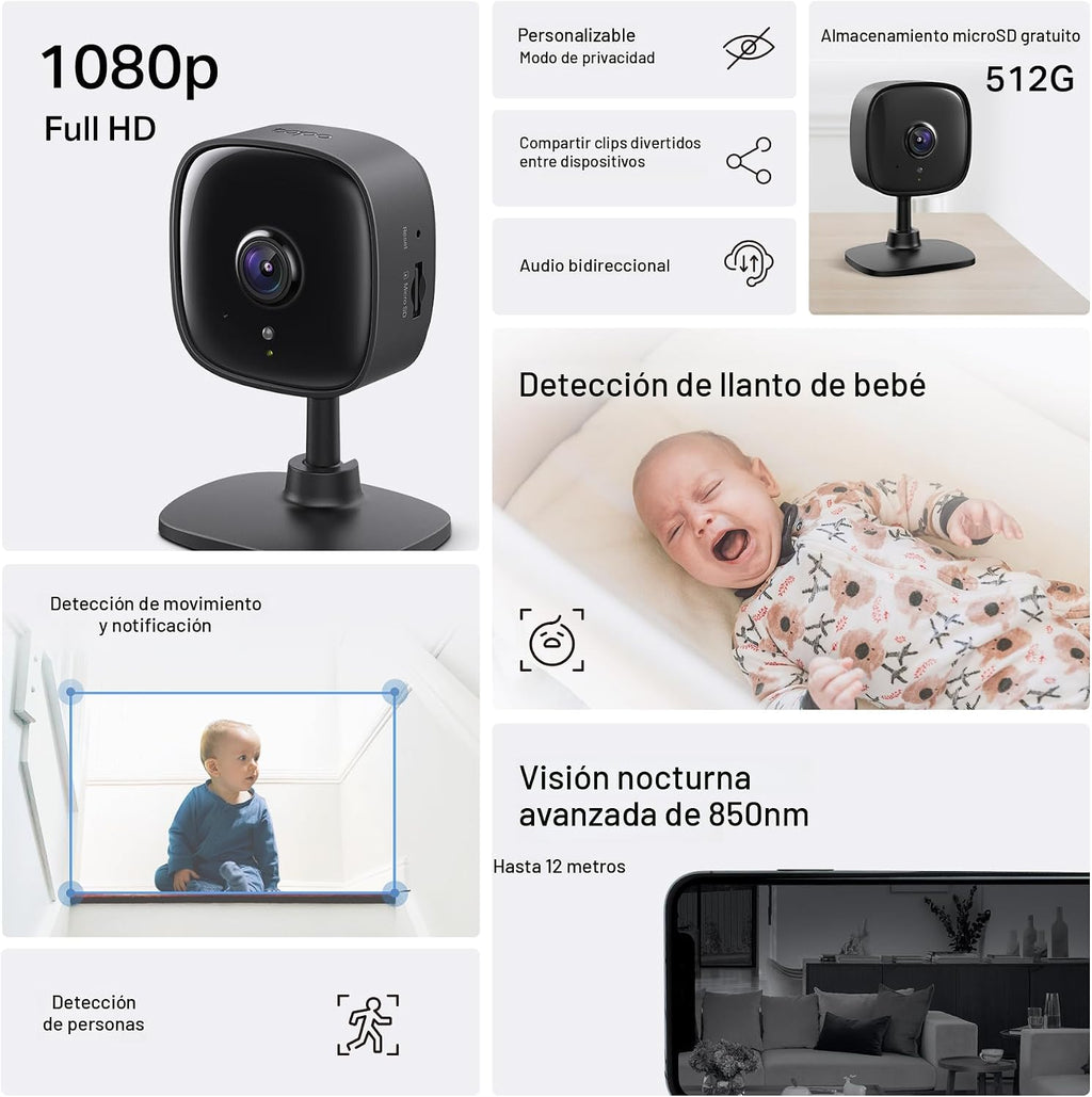Tapo - Cámara de seguridad interior de 1080P para monitor de bebé,...