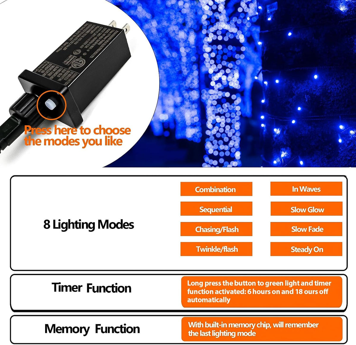 La secuencia azul conectable de la Navidad de 75,8 pies 200 LED enc...