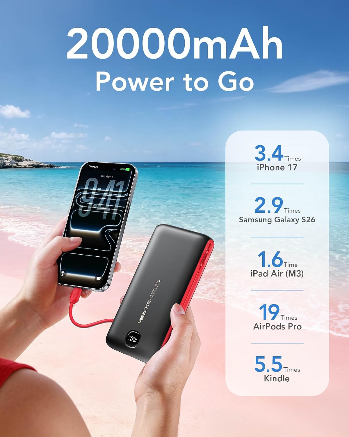 Cargador portátil VEEKTOMX de 10000 mAh con cables integrados y enc...