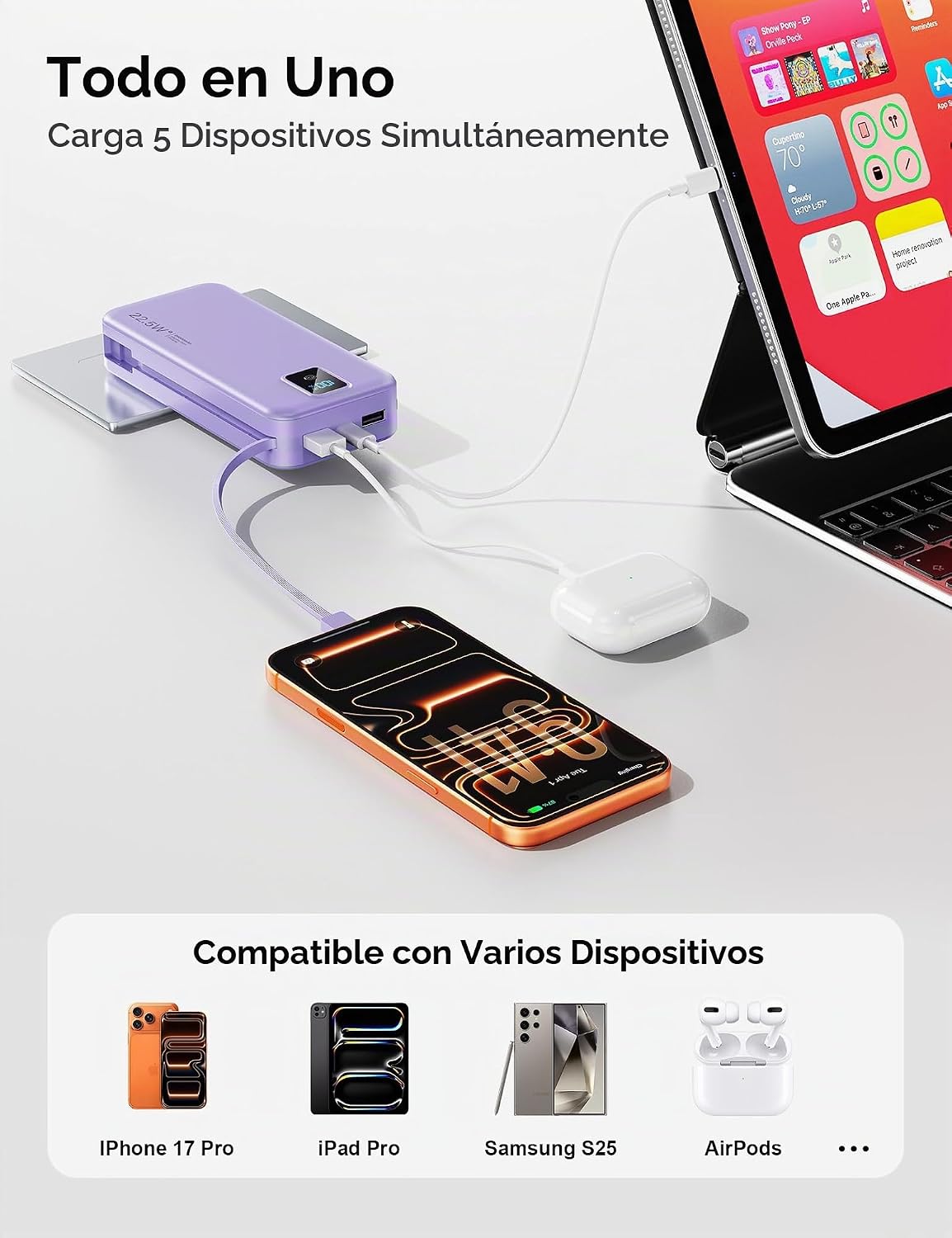 Rngsnoy Cargador portátil 20000mAh 22.5W w\/Cable incorporado y enc...