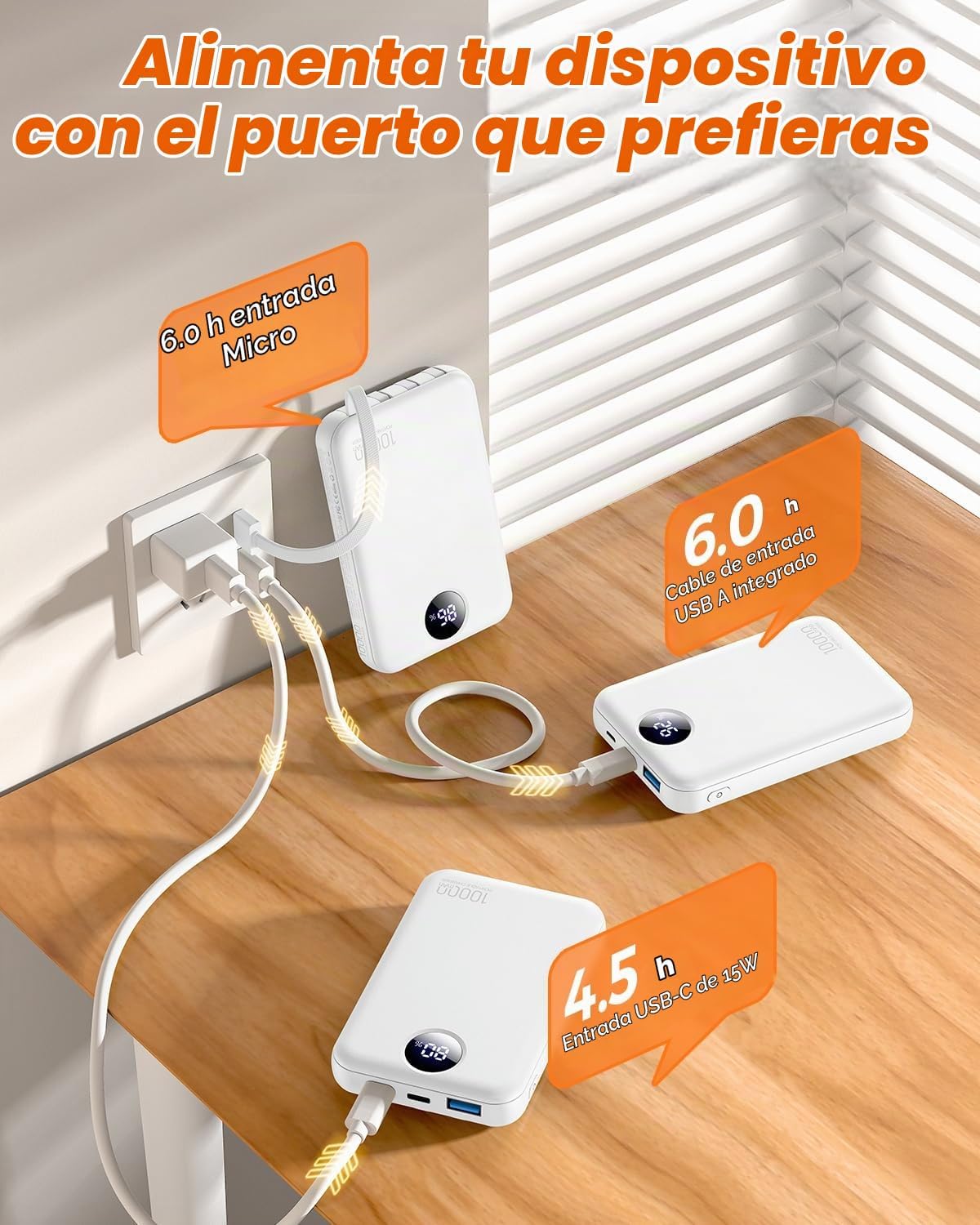 Zmmyuluo Cargador portátil 10000mAh con 4 cables incorporados 40% m...