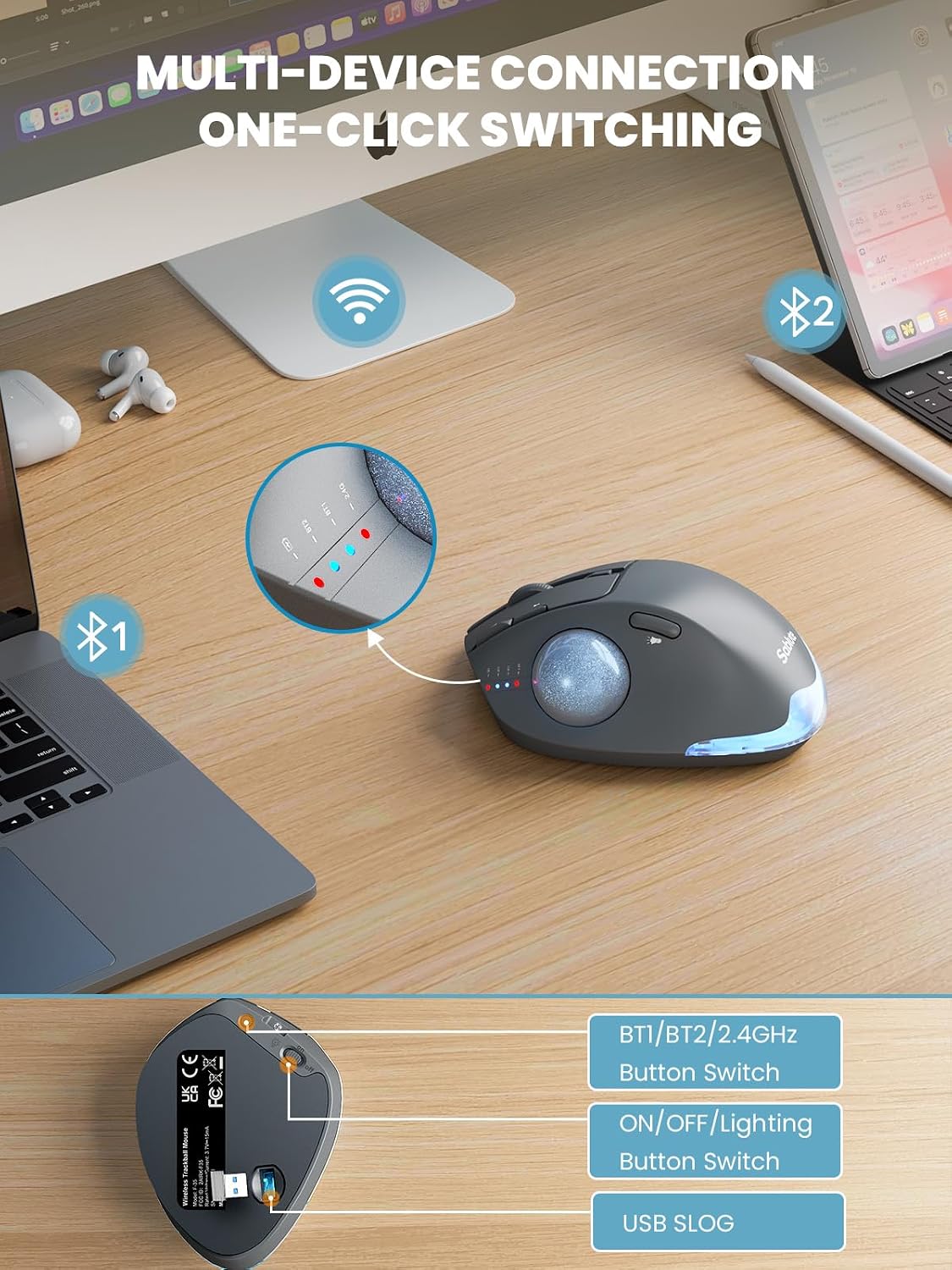Ratón de Trackball inalámbrico, ángulo ajustable recargable, mouse...