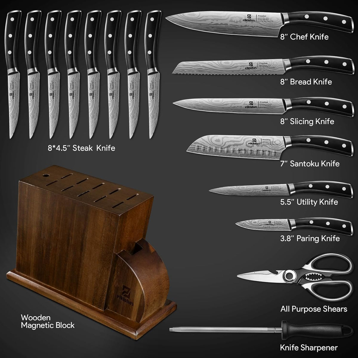 Piklohas Juego de cuchillos para cocina con bloque, 17 piezas con s...