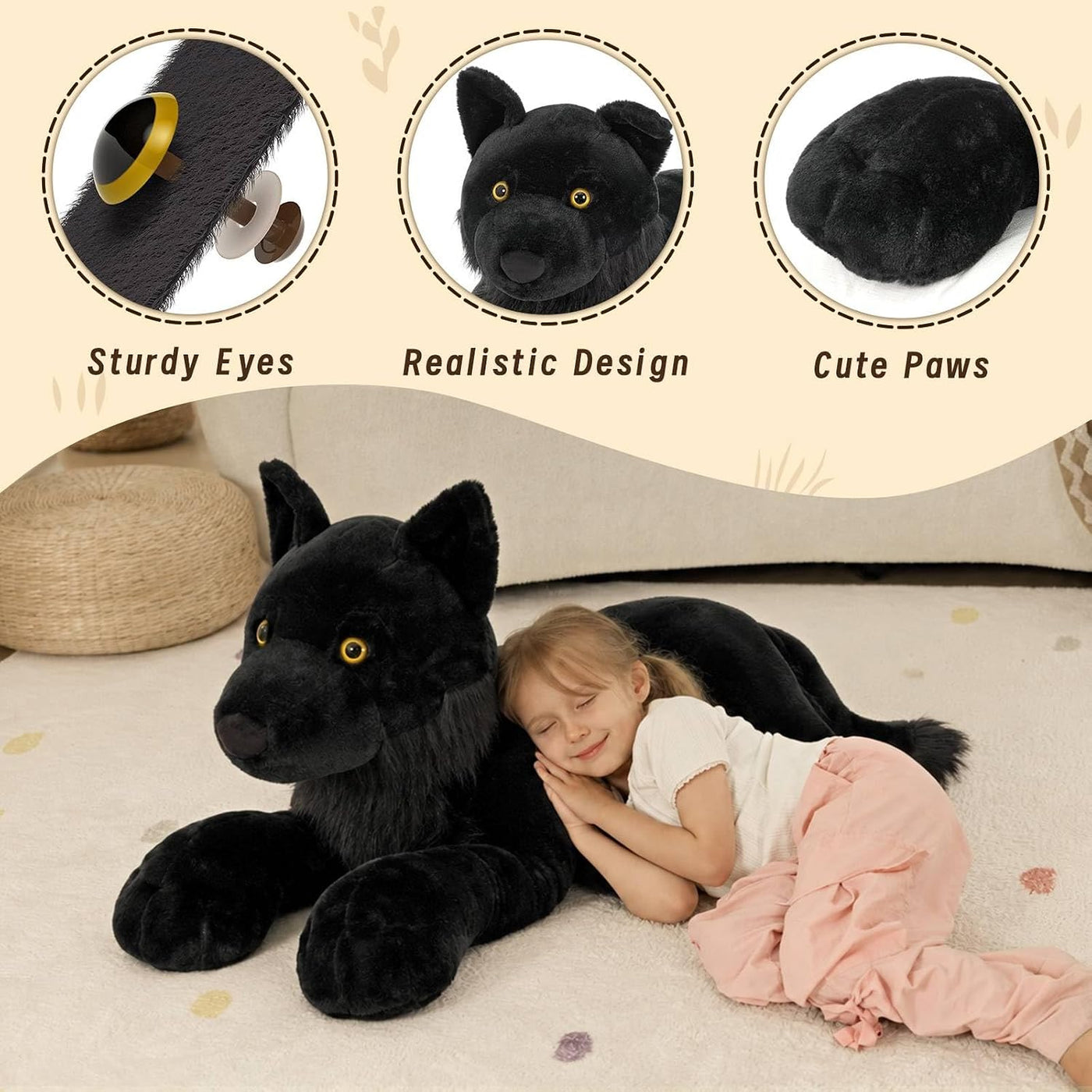 MaoGoLan Peluche de lobo negro, lobo gigante de peluche para niños,...