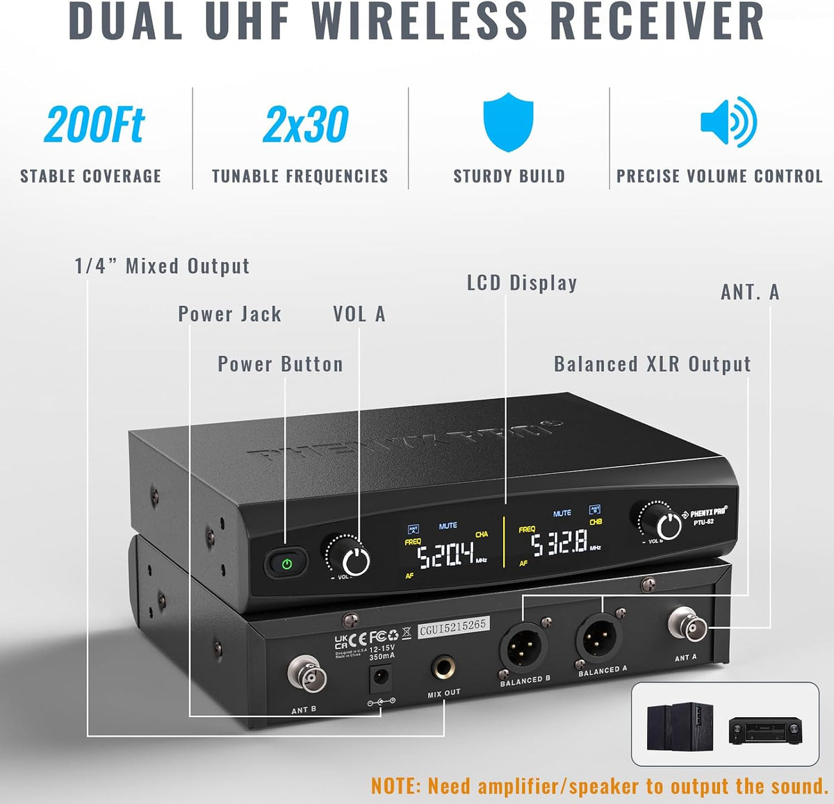 Phenyx Pro Dual UHF Tunable Freq Sistema de micrófono inalámbrico P...