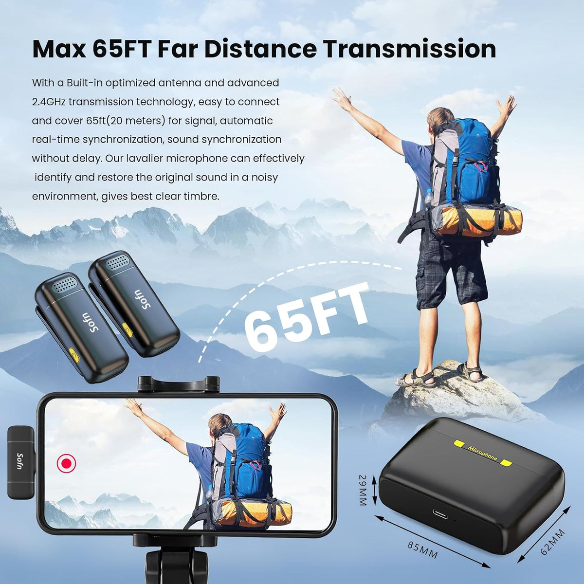 Sofn Micrófono Lavalier inalámbrico para iPhone y Android con enchu...