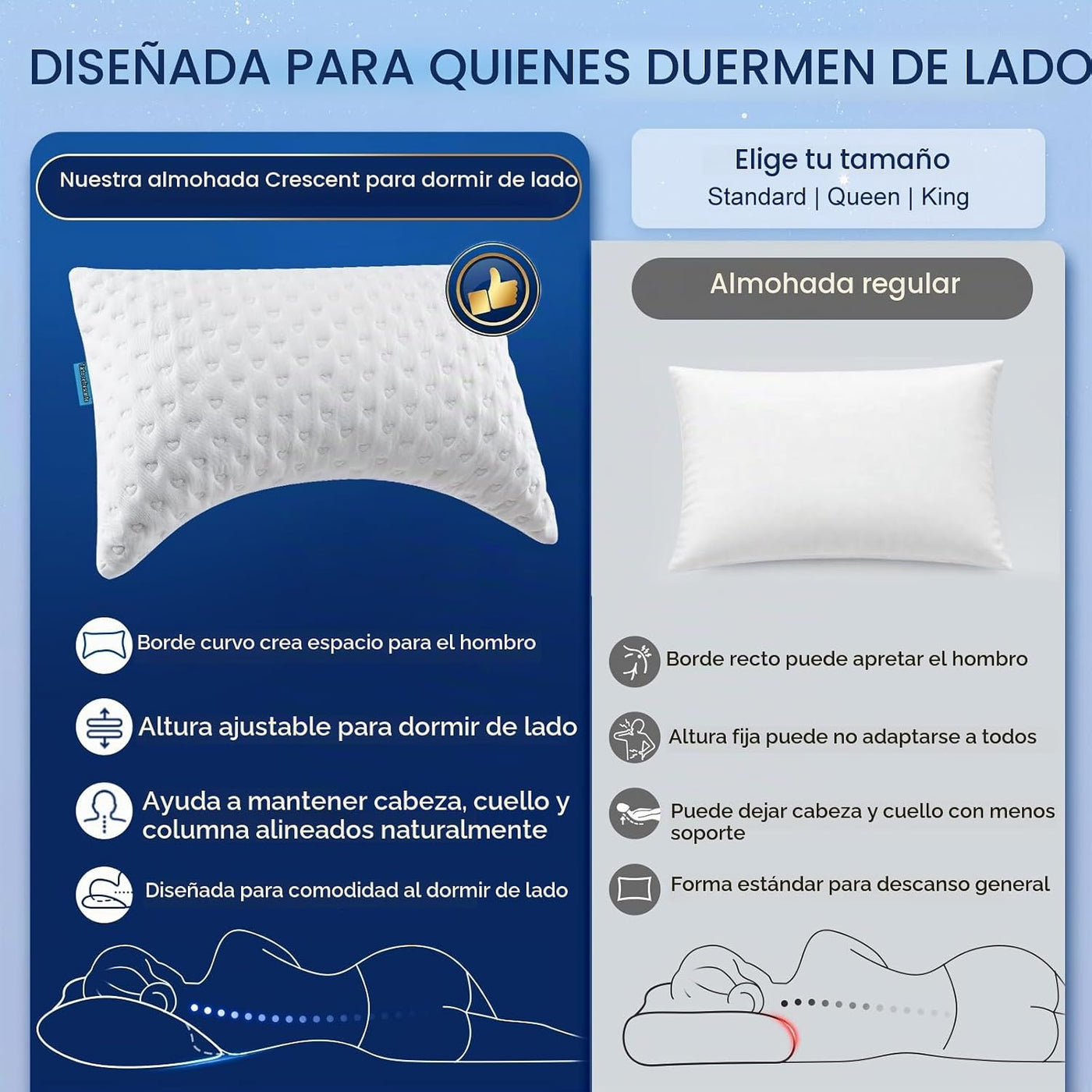 btasleeep Almohadas para dormir de lado para comodidad de cuello y...