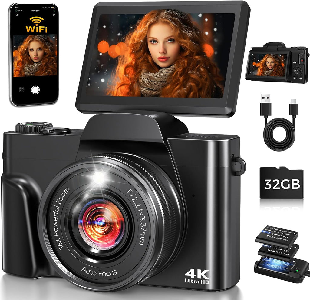 Cámara digital 4K WiFi 180° pantalla abatible enfoque automático 64...