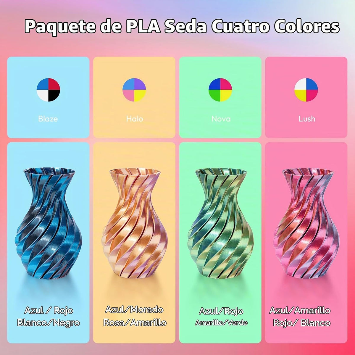 AMOLEN Paquete de filamentos para impresora 3D PLA de 4 colores en...