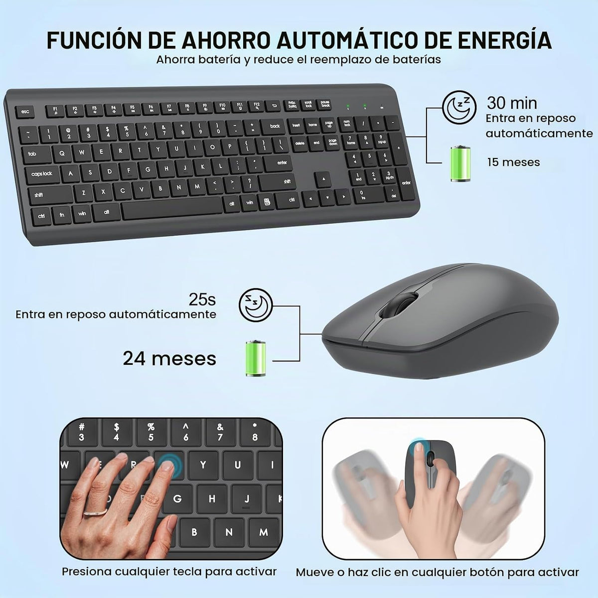 Combo de teclado y mouse inalámbricos, teclado ergonómico silencios...
