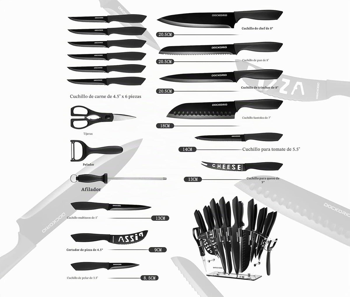 Dockorio Juego de cuchillos de cocina con bloque, 19 piezas de acer...