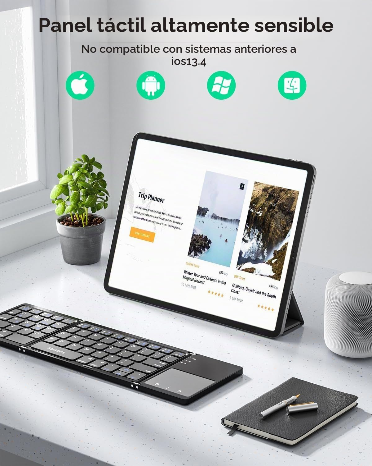 Samsers - Teclado plegable Bluetooth multidispositivo con touchpad,...