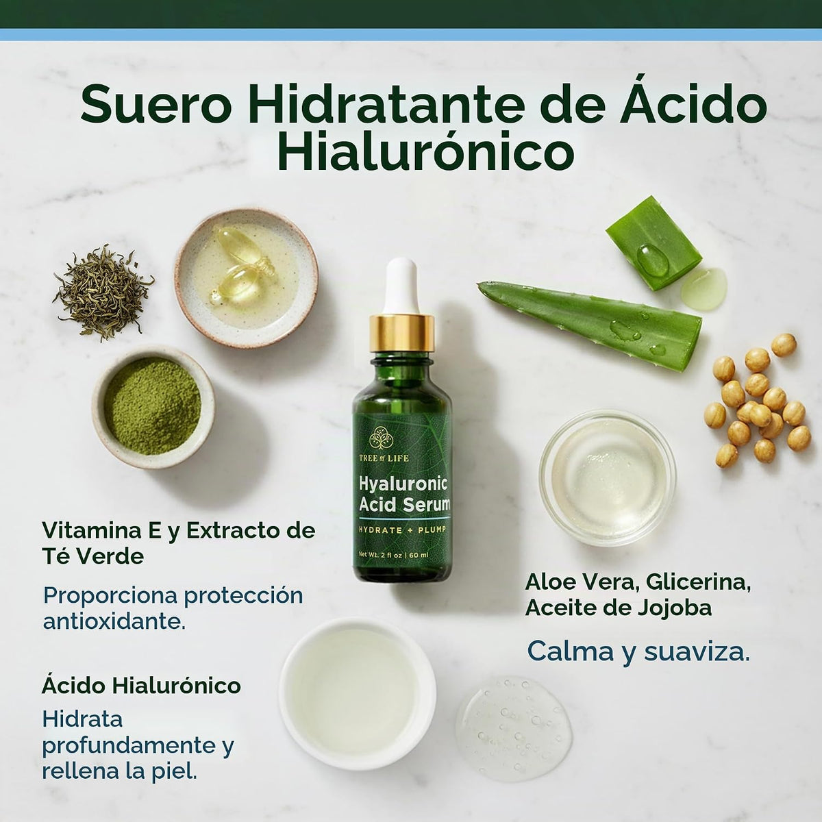Suero de ácido hialurónico Tree of Life para rostro, suero hidratan...