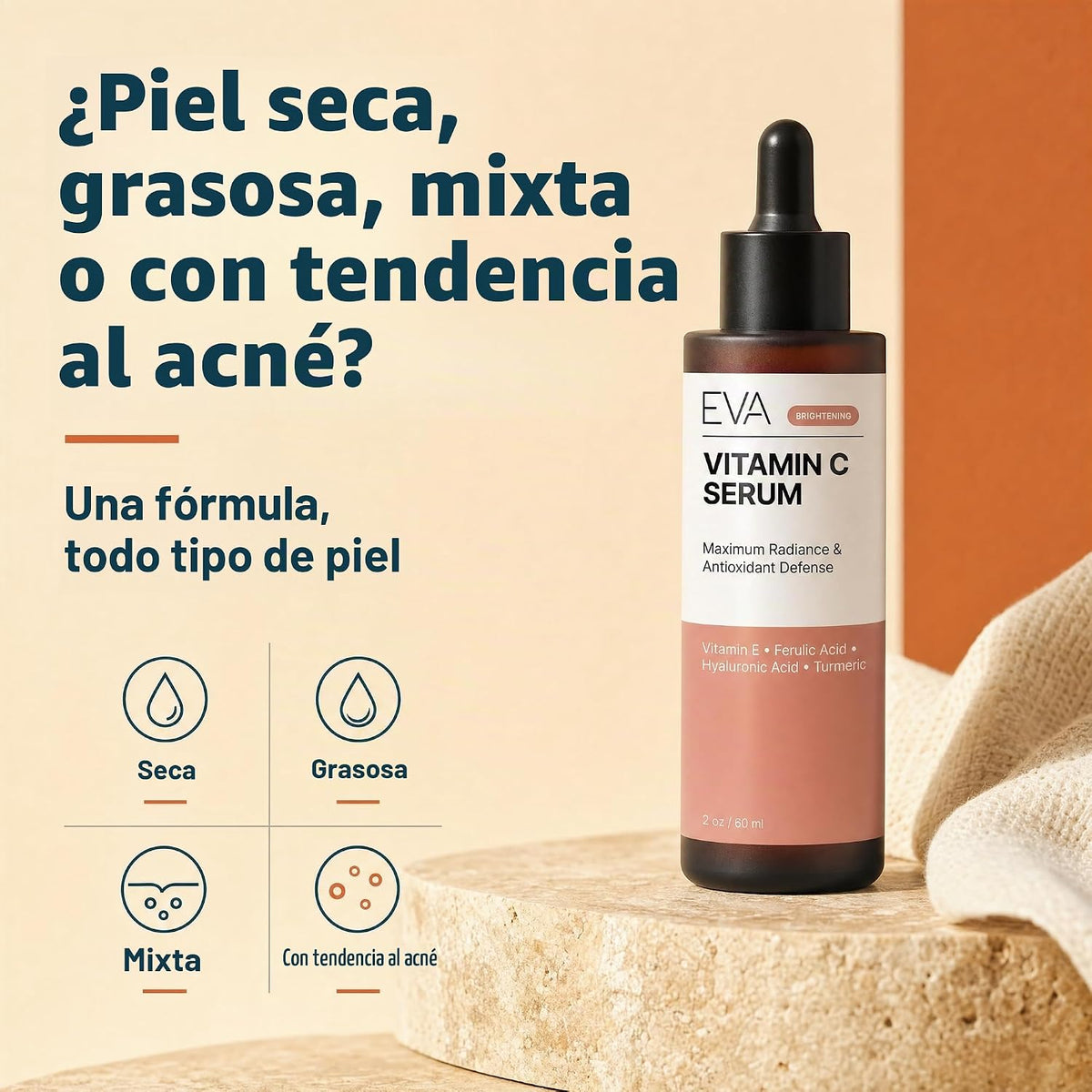 Eva Naturals Suero de vitamina C para cara, 20% de vitamina C, ácid...