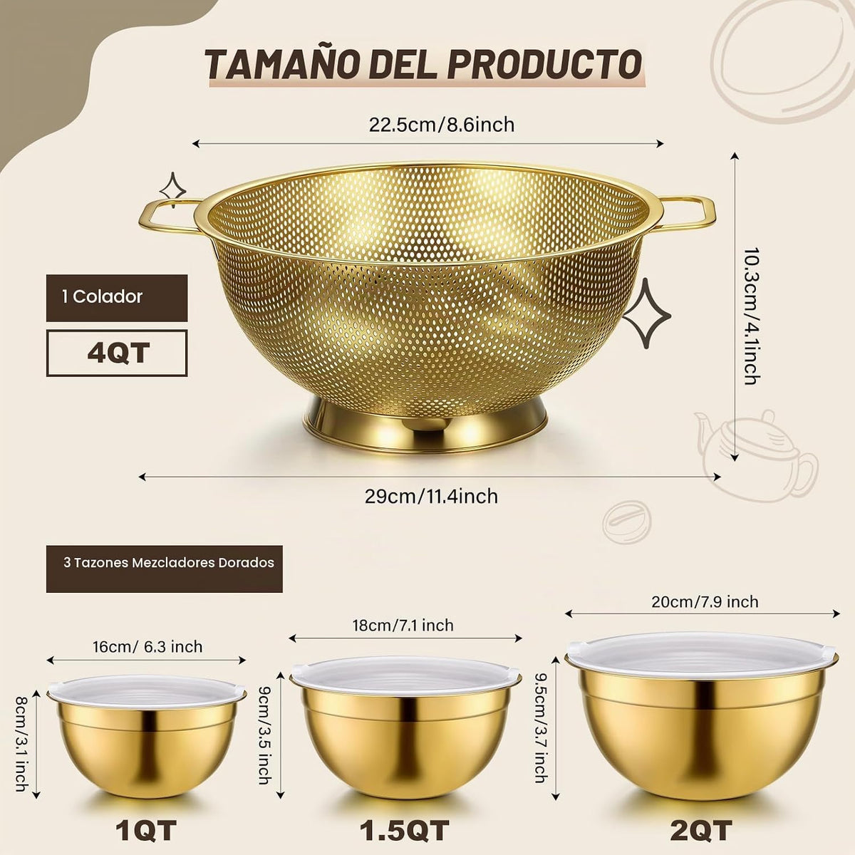 Baderke 7 piezas de accesorios de cocina dorados, incluye colador d...