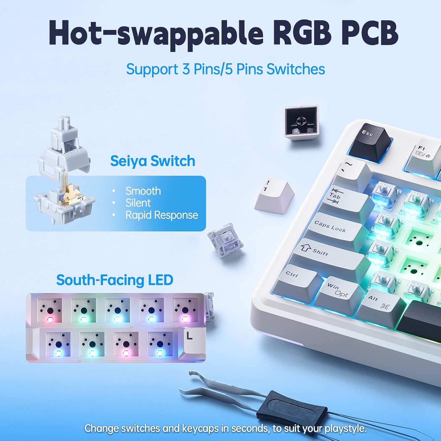 Teclado mecánico inalámbrico Aula, teclado para juegos intercambiab...