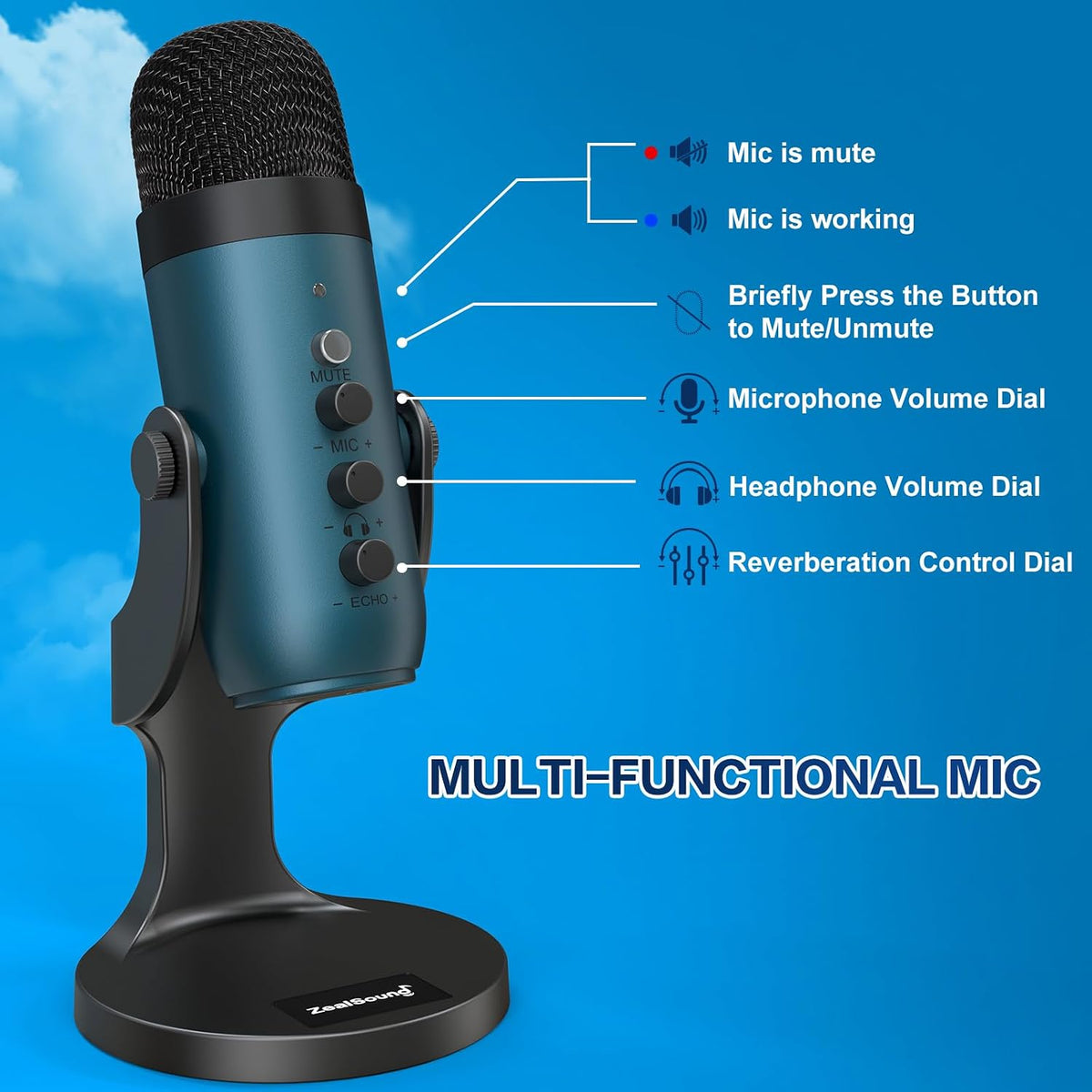 ZealSound Micrófono Podcast para PC, Micrófono USB con cancelación...