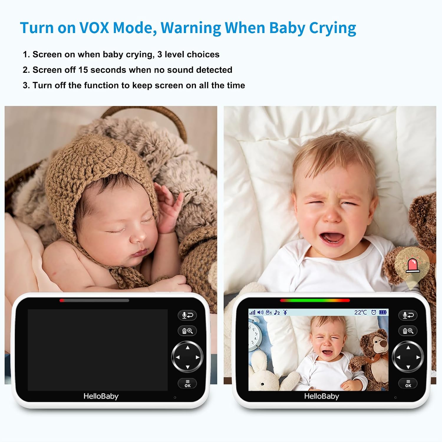 HelloBaby Monitor de bebé sin WiFi, pantalla de 5 pulgadas, batería...