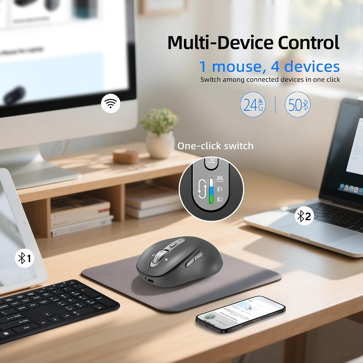 Ratón Bluetooth inalámbrico, mouse Ergo para computadora multidispo...