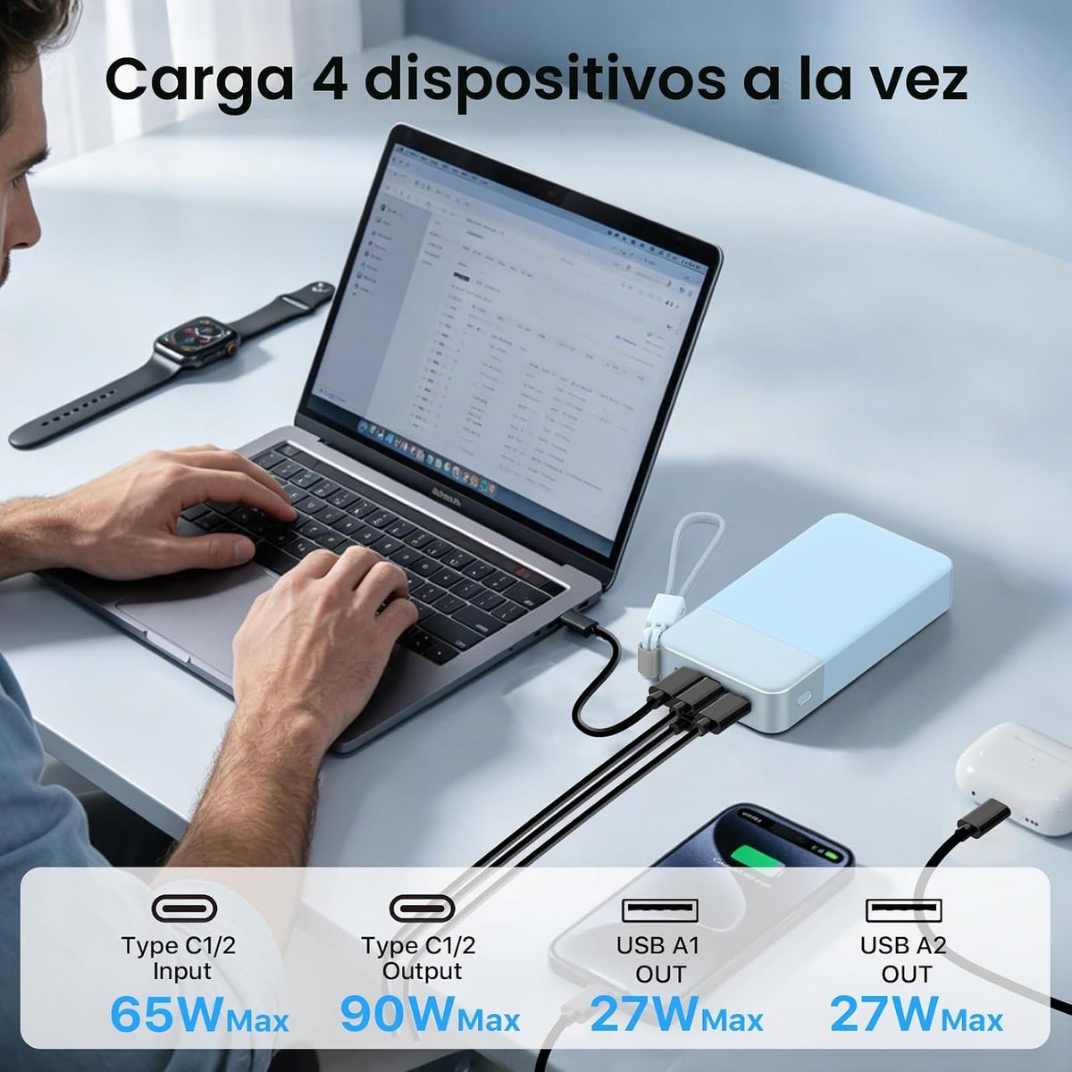 Cargador portátil NOBIS 20000mAh 90W Power Bank con cable desmontab...