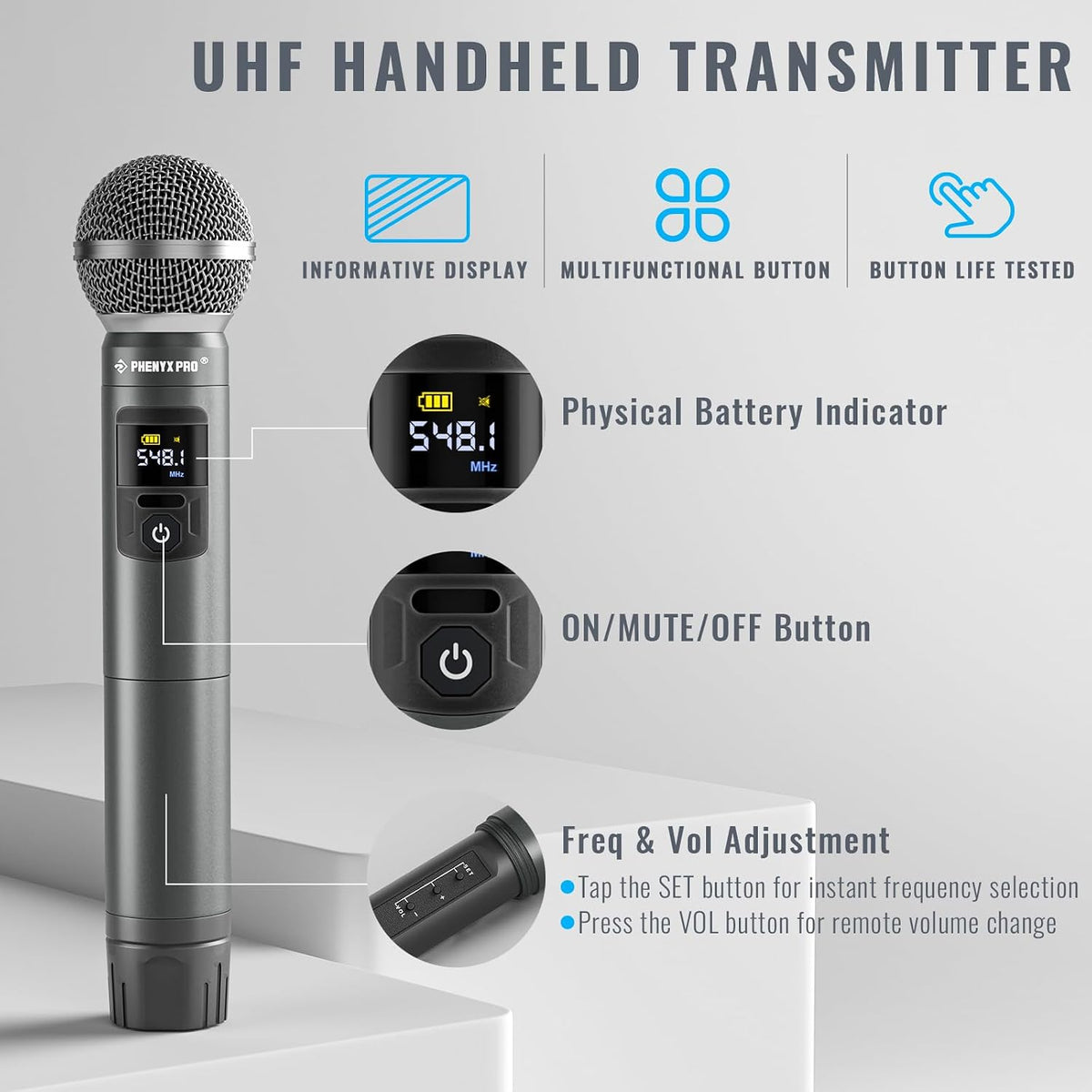 Phenyx Pro Micrófonos inalámbricos de mano/bodypack UHF de 4 canale...
