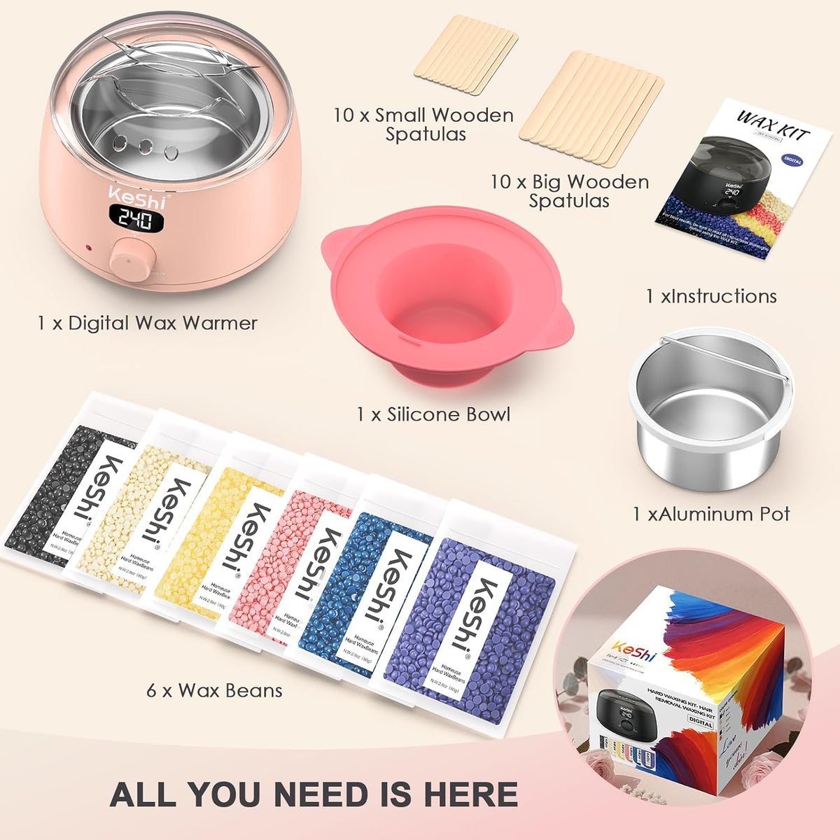 Kit de cera KeShi para mujeres y hombres, calentador de cera digita...