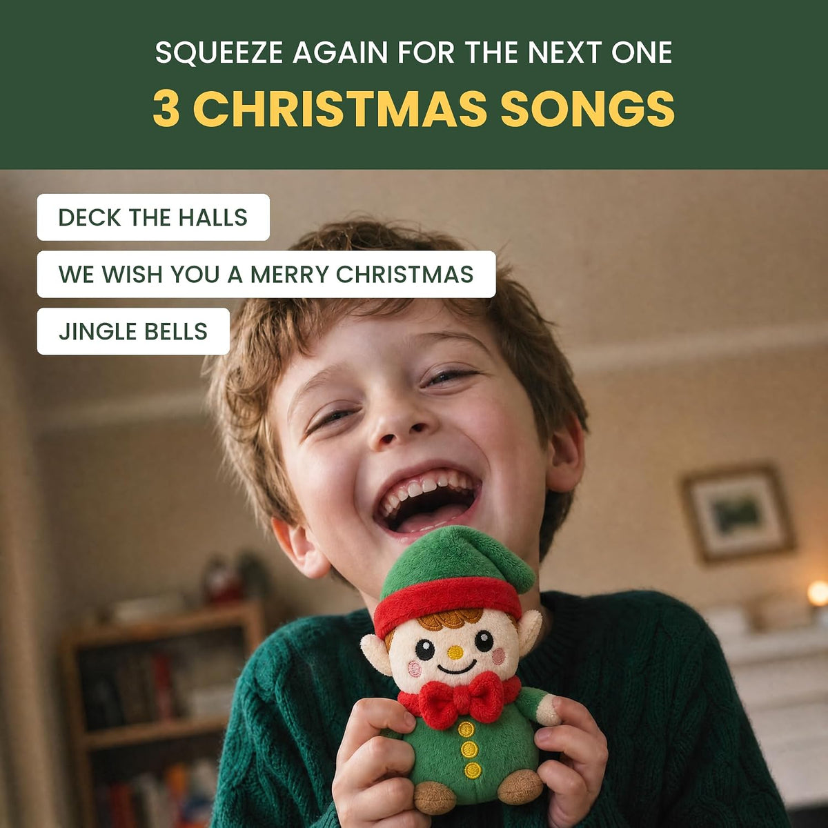 Juguete de peluche de elfo pedo, reproduce 3 canciones de Navidad e...