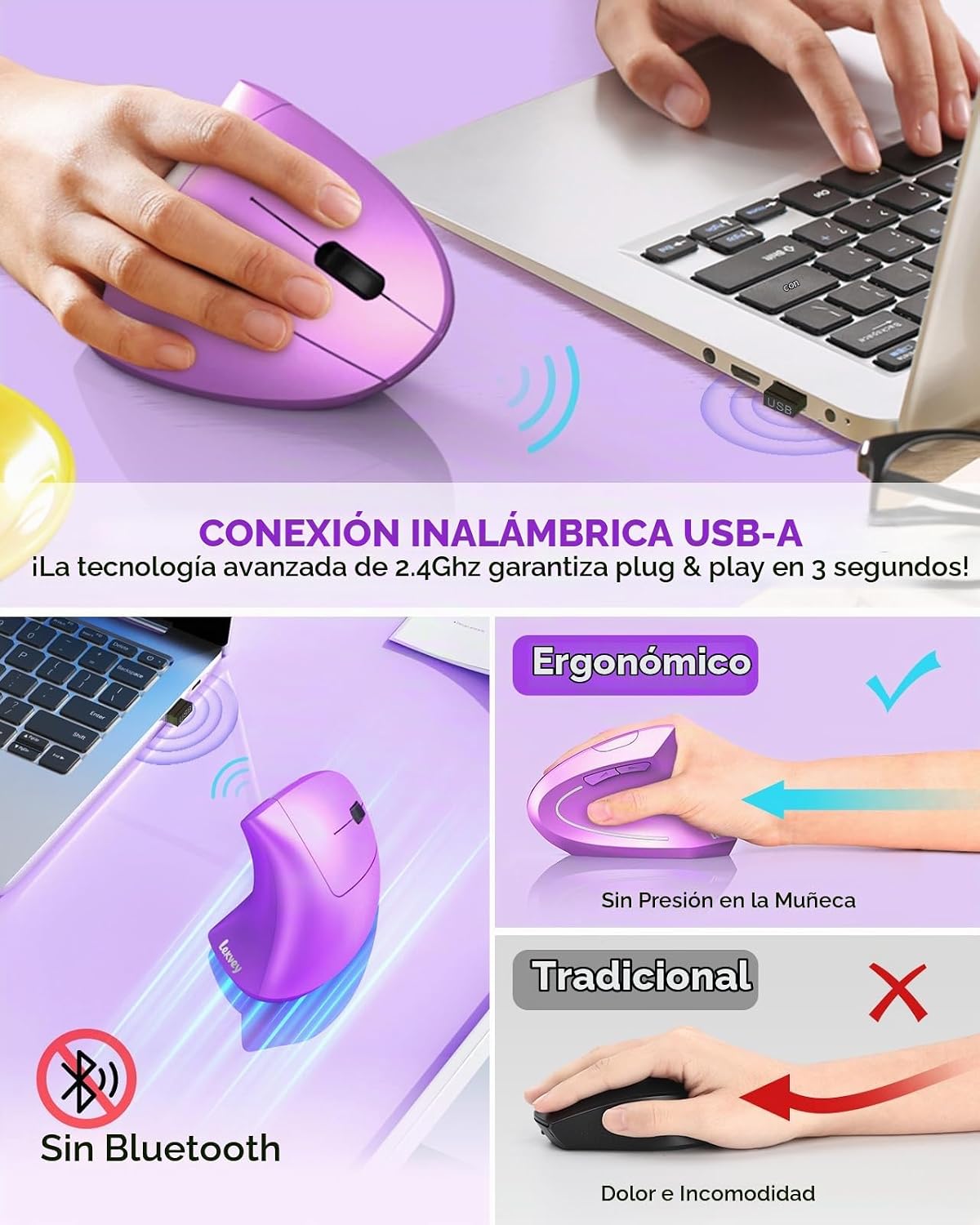 Lekvey Ratón Ergonómico, Ratón Vertical Inalámbrico Recargable 2.4...