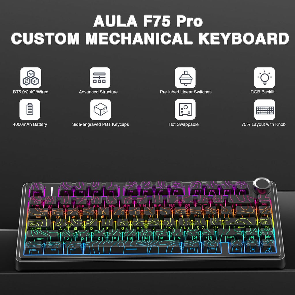 AULA F75 Pro Teclado mecánico inalámbrico con perilla, 75% teclados...