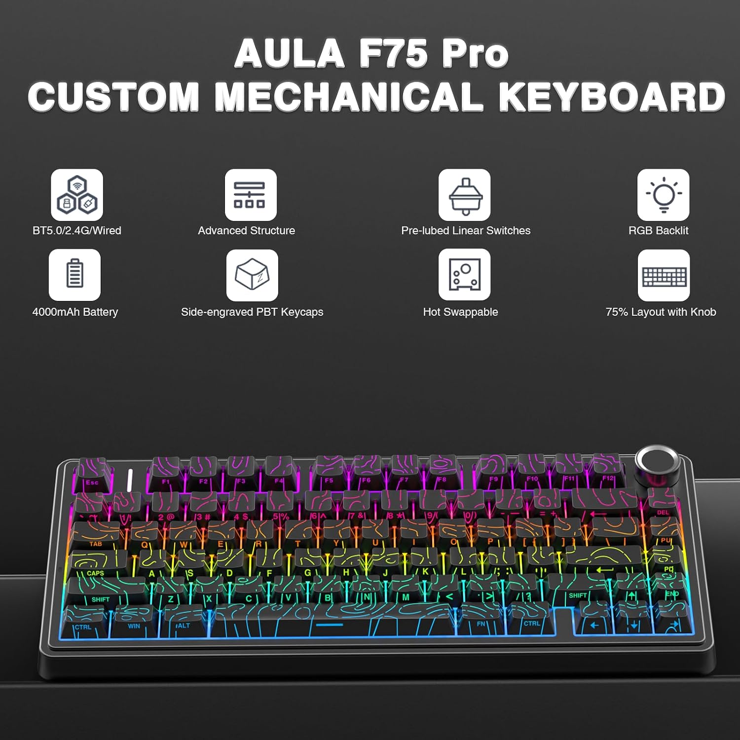 AULA F75 Pro Teclado mecánico inalámbrico con perilla, 75% teclados...