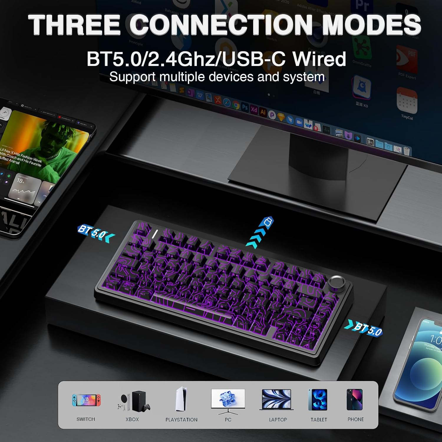 AULA F75 Pro Teclado mecánico inalámbrico con perilla, 75% teclados...