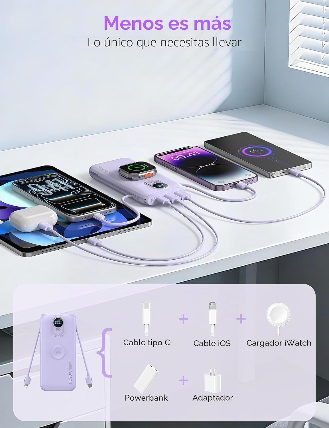 Cargador portátil Power Bank 10000mAh PD20W con cables incorporados...